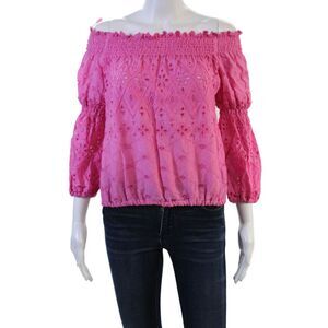 Temptation Positano Women Pink Linen Geometric Blouse 3/4 Sleeve Size S